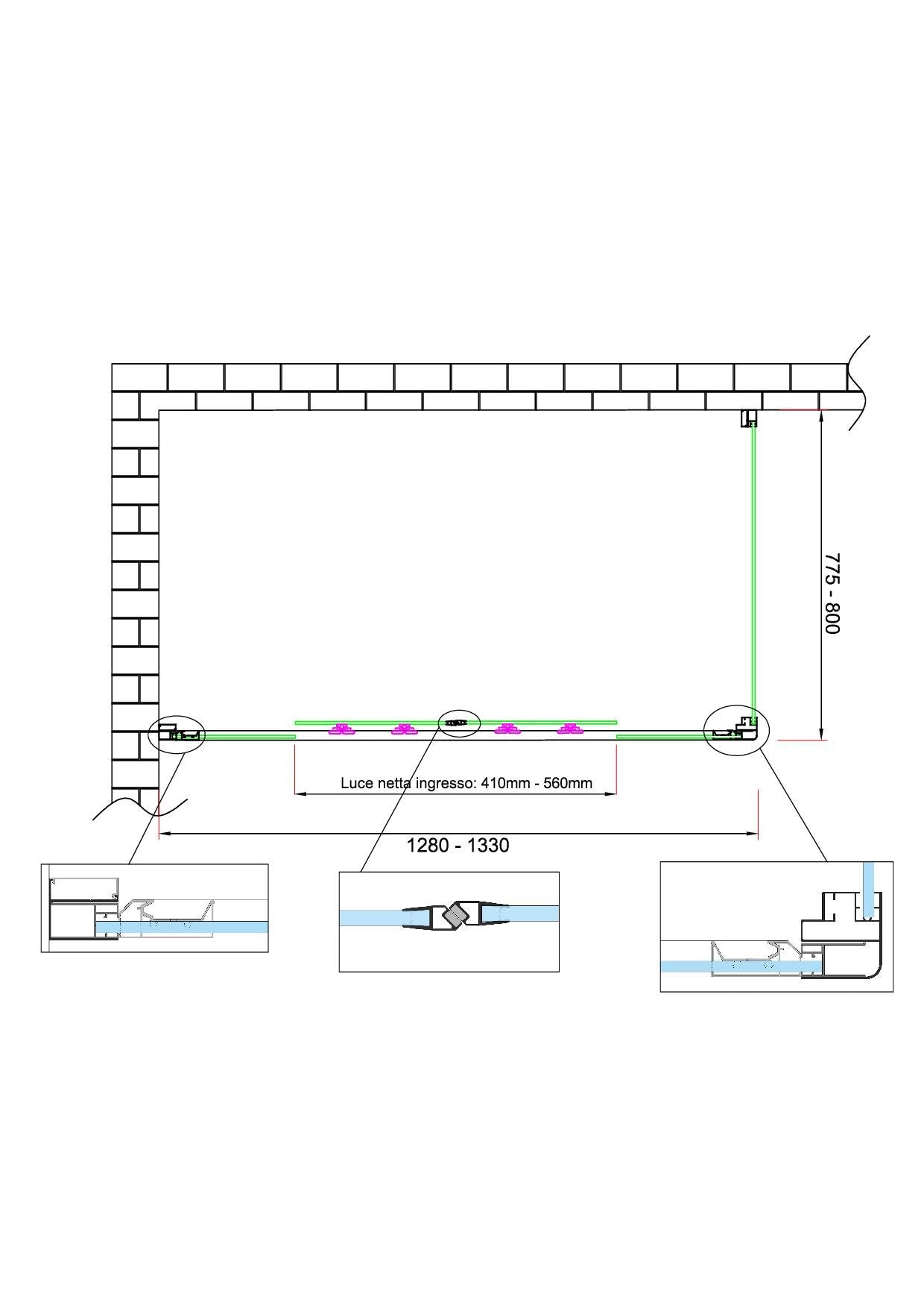 Box doccia 6 mm H 190 parete fissa e porta a 4 ante con apertura centrale MISURA 77,5-80 ANTA FISSA + PORTA 128-133 