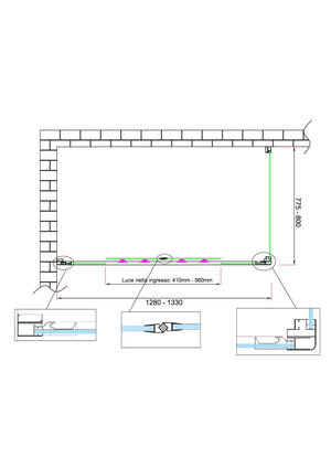 Box doccia 6 mm H 190 parete fissa e porta a 4 ante con apertura centrale MISURA 77,5-80 ANTA FISSA + PORTA 128-133 