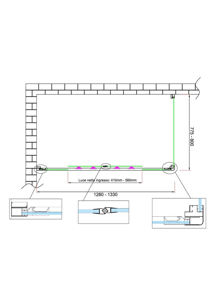 Box doccia 6 mm H 190 parete fissa e porta a 4 ante con apertura centrale MISURA 77,5-80 ANTA FISSA + PORTA 128-133 