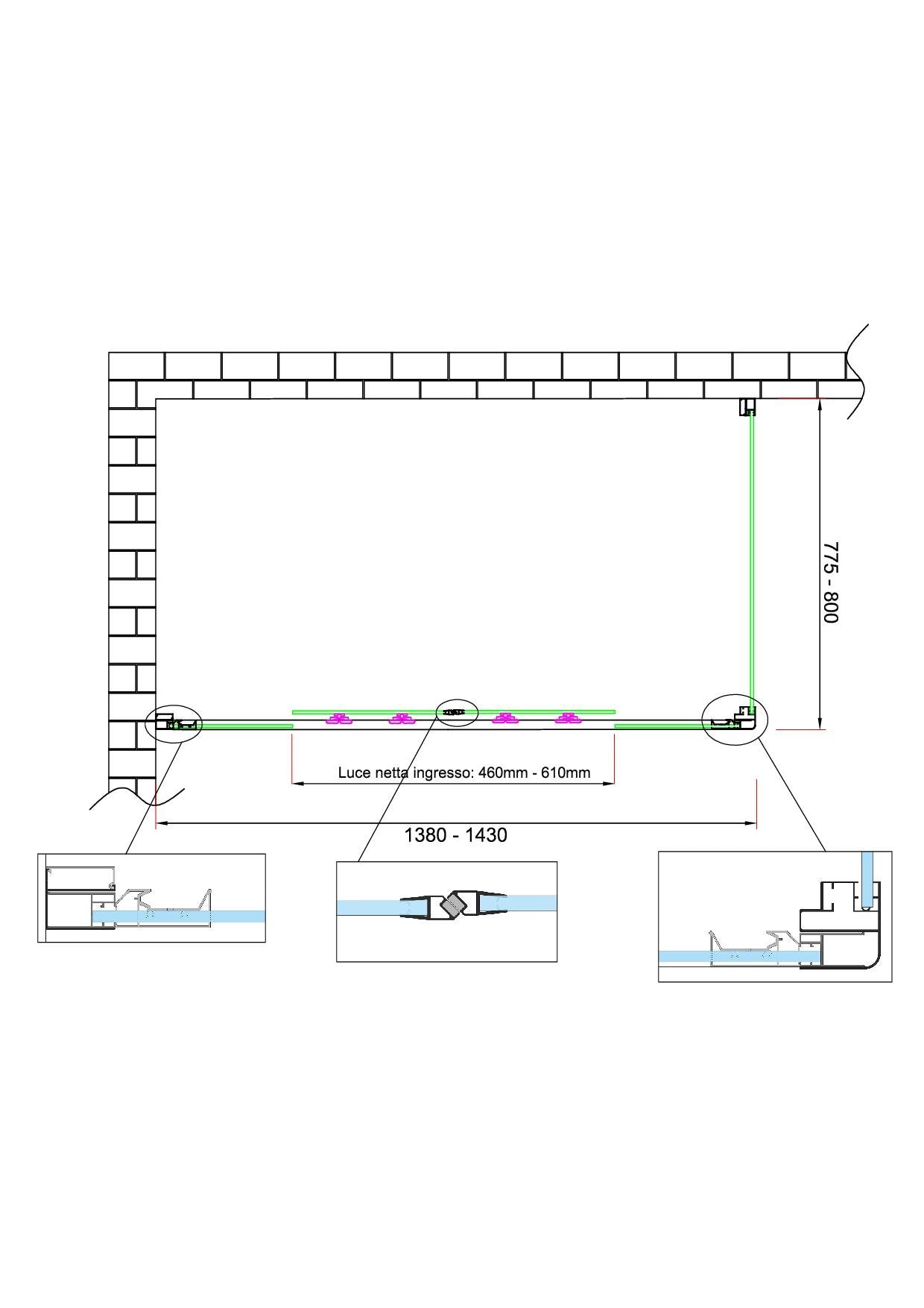 Box doccia 6 mm H 190 parete fissa e porta a 4 ante con apertura centrale MISURA 77,5-80 ANTA FISSA + PORTA 138-143 