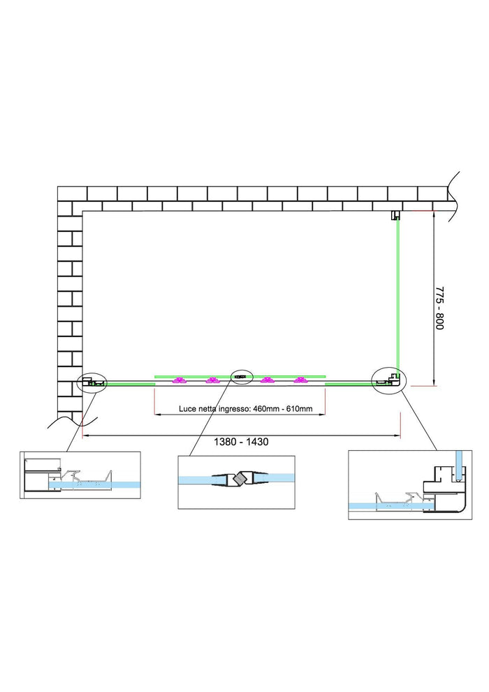 Box doccia 6 mm H 190 parete fissa e porta a 4 ante con apertura centrale MISURA 77,5-80 ANTA FISSA + PORTA 138-143 