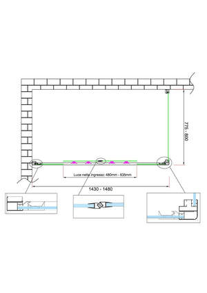 Box doccia 6 mm H 190 parete fissa e porta a 4 ante con apertura centrale MISURA 77,5-80 ANTA FISSA + PORTA 143-148 