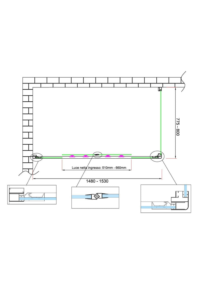 Box doccia 6 mm H 190 parete fissa e porta a 4 ante con apertura centrale MISURA 77,5-80 ANTA FISSA + PORTA 148-153 