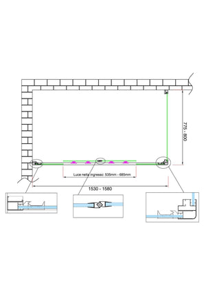 Box doccia 6 mm H 190 parete fissa e porta a 4 ante con apertura centrale MISURA 77,5-80 ANTA FISSA + PORTA 153-158 