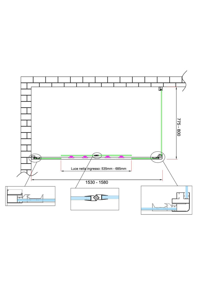 Box doccia 6 mm H 190 parete fissa e porta a 4 ante con apertura centrale MISURA 77,5-80 ANTA FISSA + PORTA 153-158 