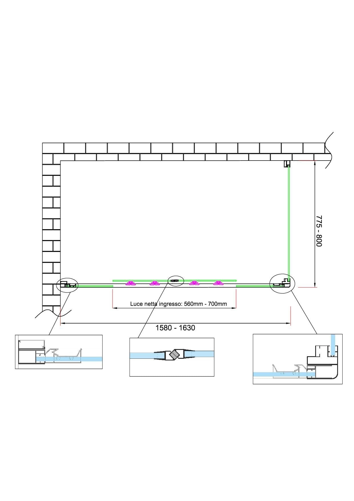 Box doccia 6 mm H 190 parete fissa e porta a 4 ante con apertura centrale MISURA 77,5-80 ANTA FISSA + PORTA 158-163 