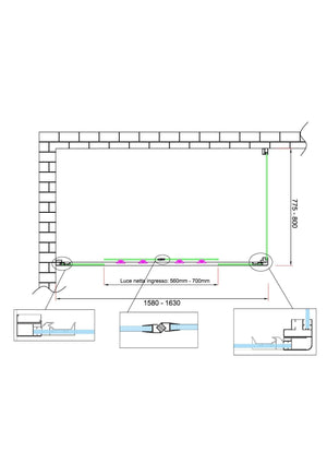 Box doccia 6 mm H 190 parete fissa e porta a 4 ante con apertura centrale MISURA 77,5-80 ANTA FISSA + PORTA 158-163 