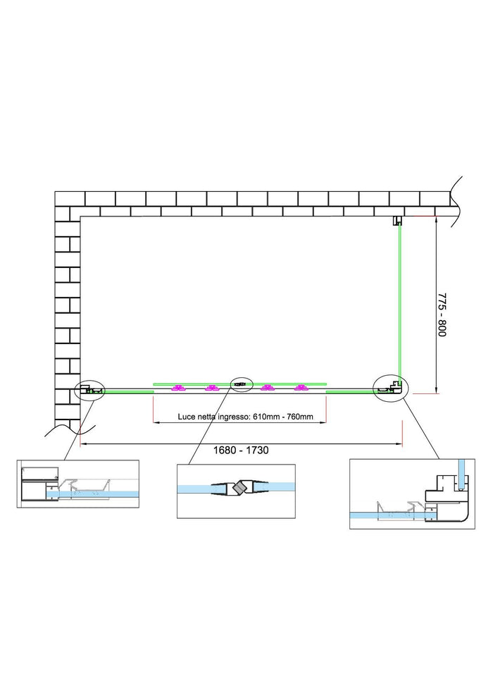 Box doccia 6 mm H 190 parete fissa e porta a 4 ante con apertura centrale MISURA 77,5-80 ANTA FISSA + PORTA 168-173 