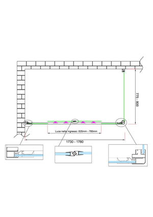 Box doccia 6 mm H 190 parete fissa e porta a 4 ante con apertura centrale MISURA 77,5-80 ANTA FISSA + PORTA 173-178 