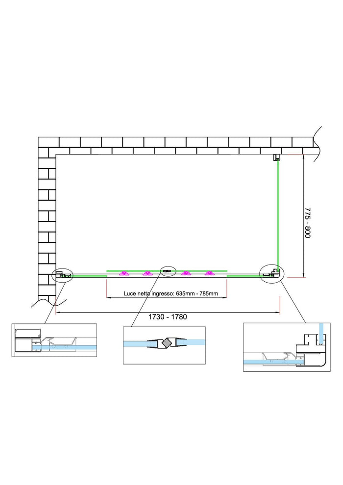 Box doccia 6 mm H 190 parete fissa e porta a 4 ante con apertura centrale MISURA 77,5-80 ANTA FISSA + PORTA 173-178 