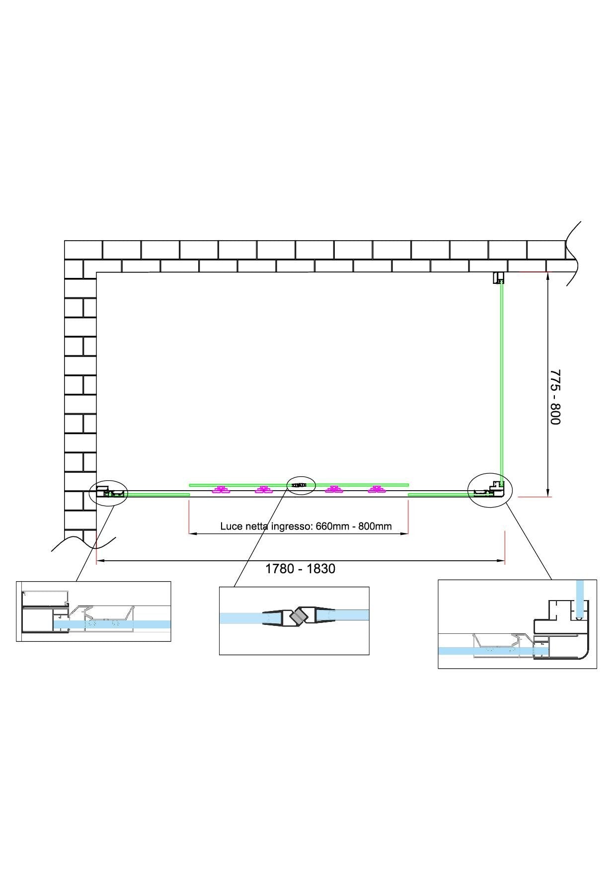 Box doccia 6 mm H 190 parete fissa e porta a 4 ante con apertura centrale MISURA 77,5-80 ANTA FISSA + PORTA 178-183 