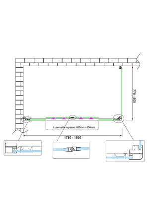 Box doccia 6 mm H 190 parete fissa e porta a 4 ante con apertura centrale MISURA 77,5-80 ANTA FISSA + PORTA 178-183 