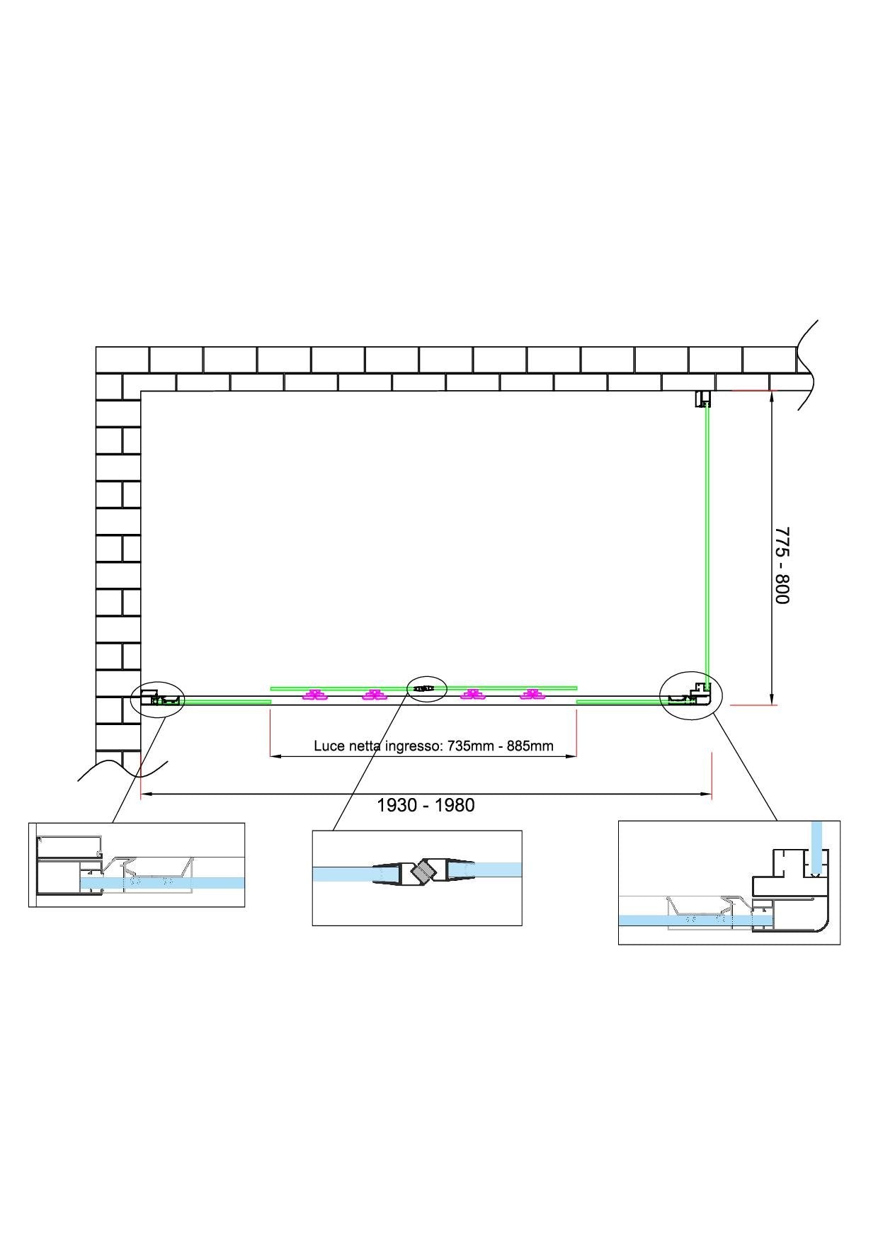 Box doccia 6 mm H 190 parete fissa e porta a 4 ante con apertura centrale MISURA 77,5-80 ANTA FISSA + PORTA 193-198 