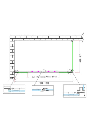 Box doccia 6 mm H 190 parete fissa e porta a 4 ante con apertura centrale MISURA 77,5-80 ANTA FISSA + PORTA 193-198 