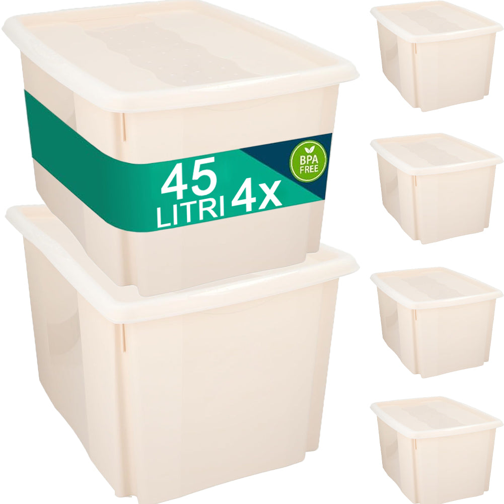 Set Scatole 4x45 L Portaoggetti Beige Plastica Cassetto Contenitore Salvaspazio