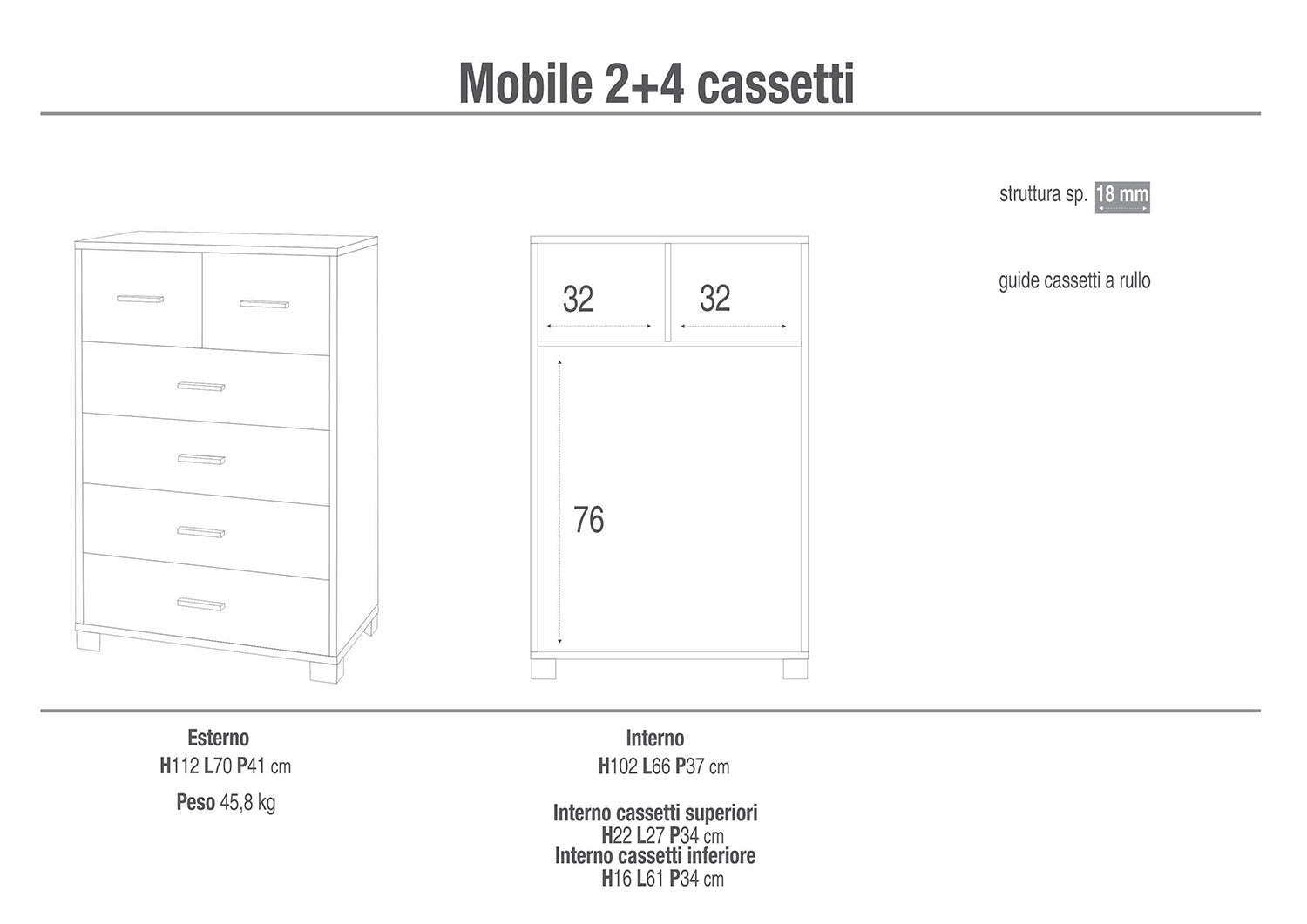 Cassettiera 4+2 Cassetti 70x112x41 cm Ossido Nero/Noce Stelvio