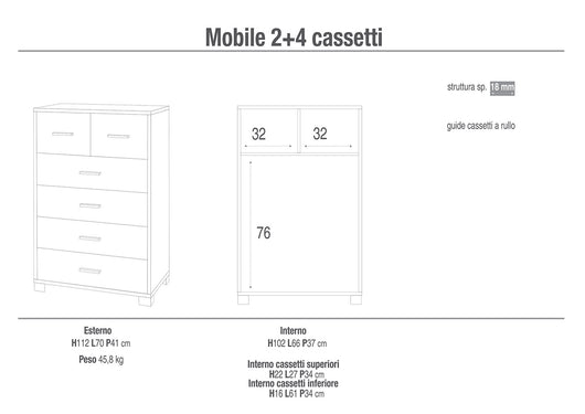 Cassettiera 4+2 Cassetti 70x112x41 cm Noce Stelvio