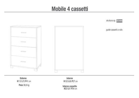 Cassettiera 4 Cassetti 70x112x41 cm Noce Stelvio/Bianco Fiammato