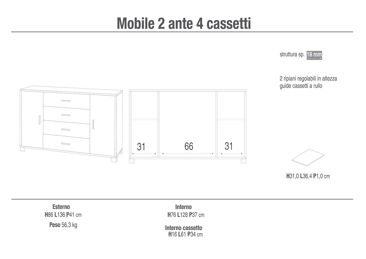 Madia 2 Ante 4 Cassetti 136x86x41 cm Ossido Nero/Cemento