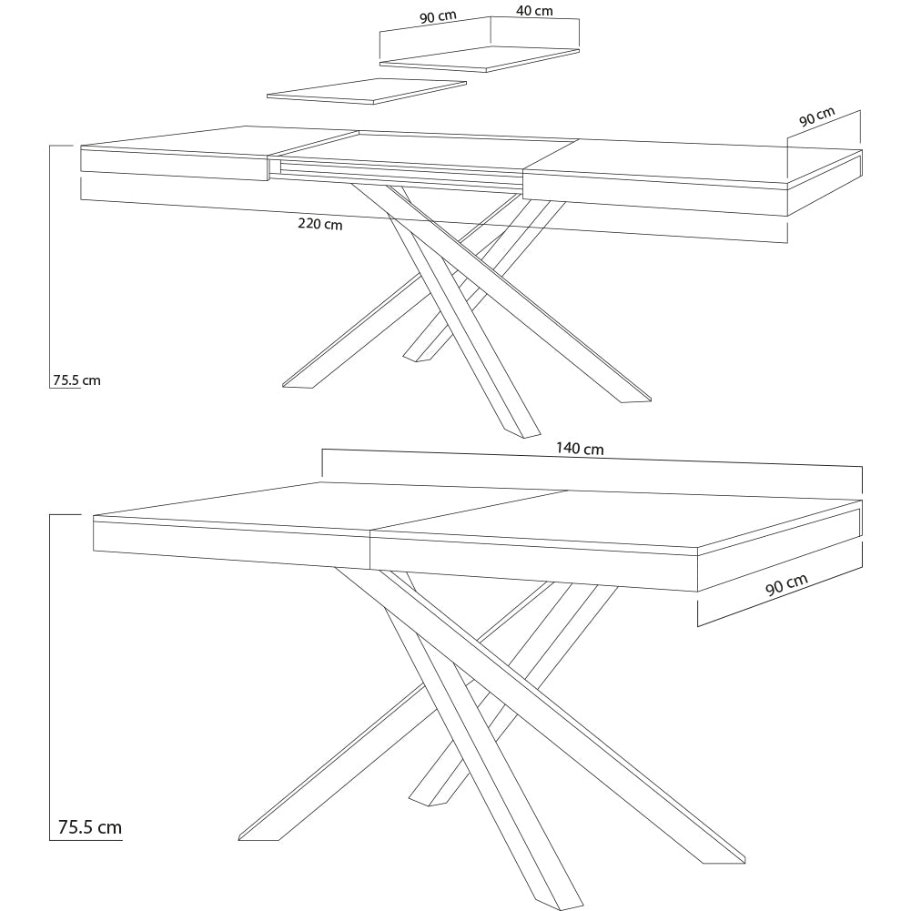 Tavolo Cucina Sala da Pranzo Allungabile Gambe a incrocio 90x140-220 cm Cemento