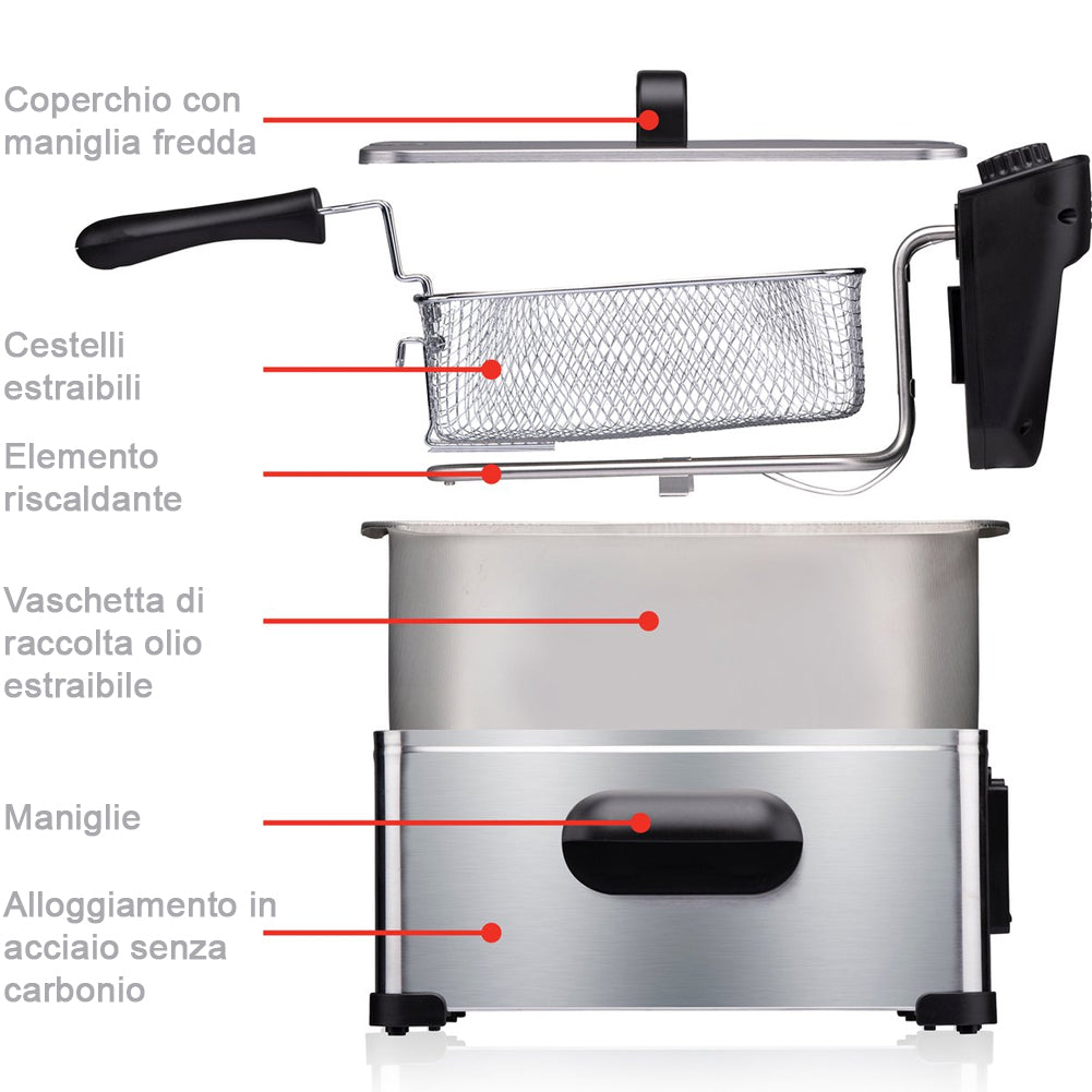 Friggitrice 3 Litri 2000 Watt da Cucina Temperatura Regolabile e Spia Controllo