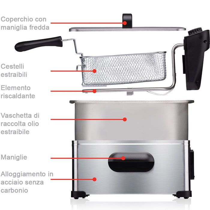 Friggitrice 3 Litri 2000 Watt da Cucina Temperatura Regolabile e Spia Controllo