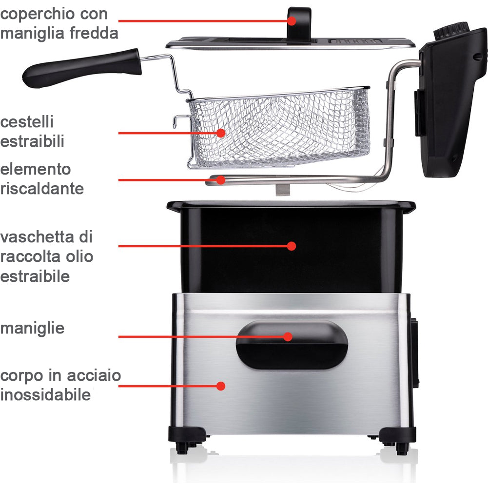 Friggitrice 3 Cestini da Cucina 2000 W Capacità 5 Litri e Temperatura Regolabile