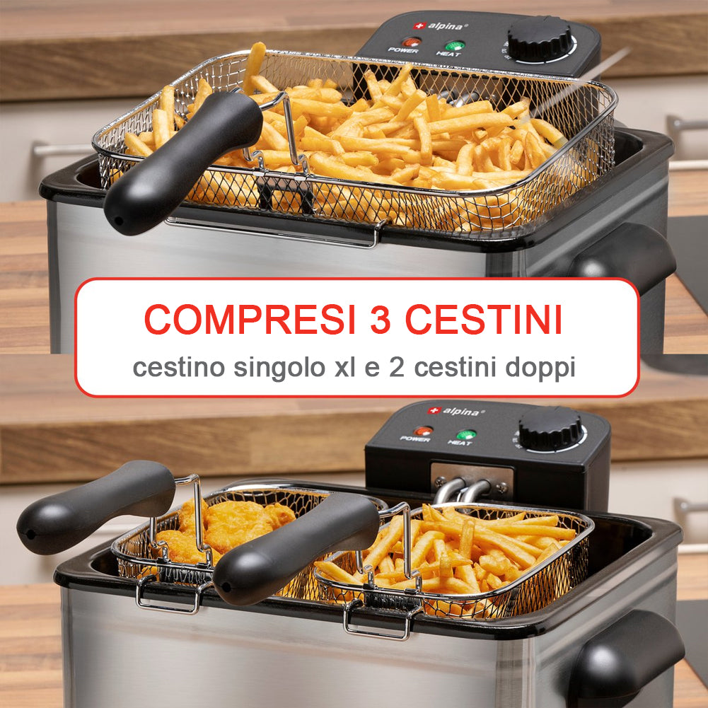 Friggitrice 3 Cestini da Cucina 2000 W Capacità 5 Litri e Temperatura Regolabile