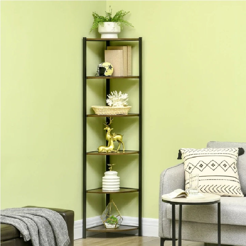 LIbreria Scaffale Angolare Metallo e Legno 34x34 H 166 cm Marrone Nero