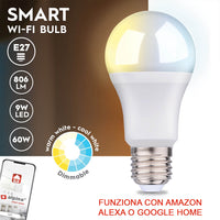 3xSmart Home Lampadina LED E27 Luce Bianca Fredda e Calda App Alexa e Google 9W