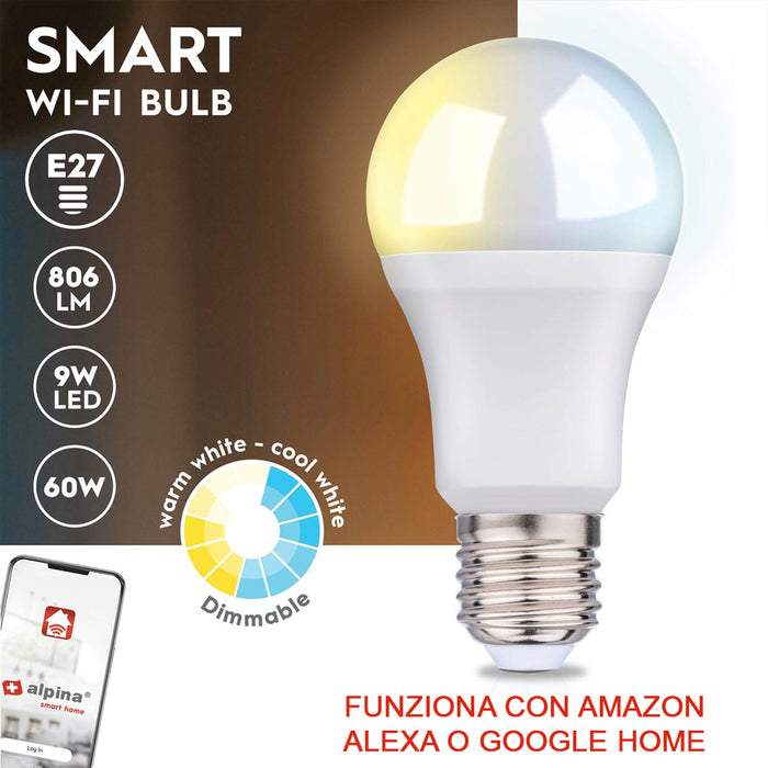 3xSmart Home Lampadina LED E27 Luce Bianca Fredda e Calda App Alexa e Google 9W