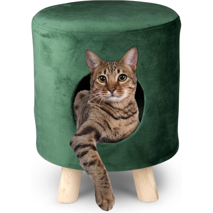 Sgabello con Cuccia per Gatti max 80kg Pouf in Velluto Verde 33x44cm Piedi Legno