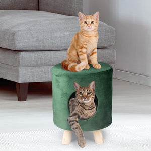 Sgabello con Cuccia per Gatti max 80kg Pouf in Velluto Verde 33x44cm Piedi Legno