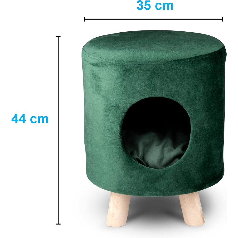 Sgabello con Cuccia per Gatti max 80kg Pouf in Velluto Verde 33x44cm Piedi Legno