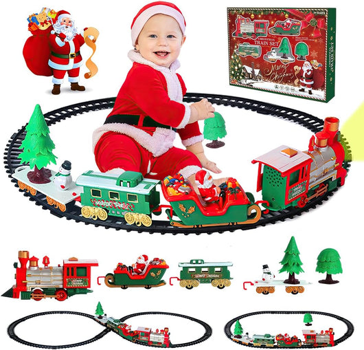 Trenino Natalizio Sotto Albero 22 Pezzi Locomotiva Luci Suoni Slitta Babbo Natale