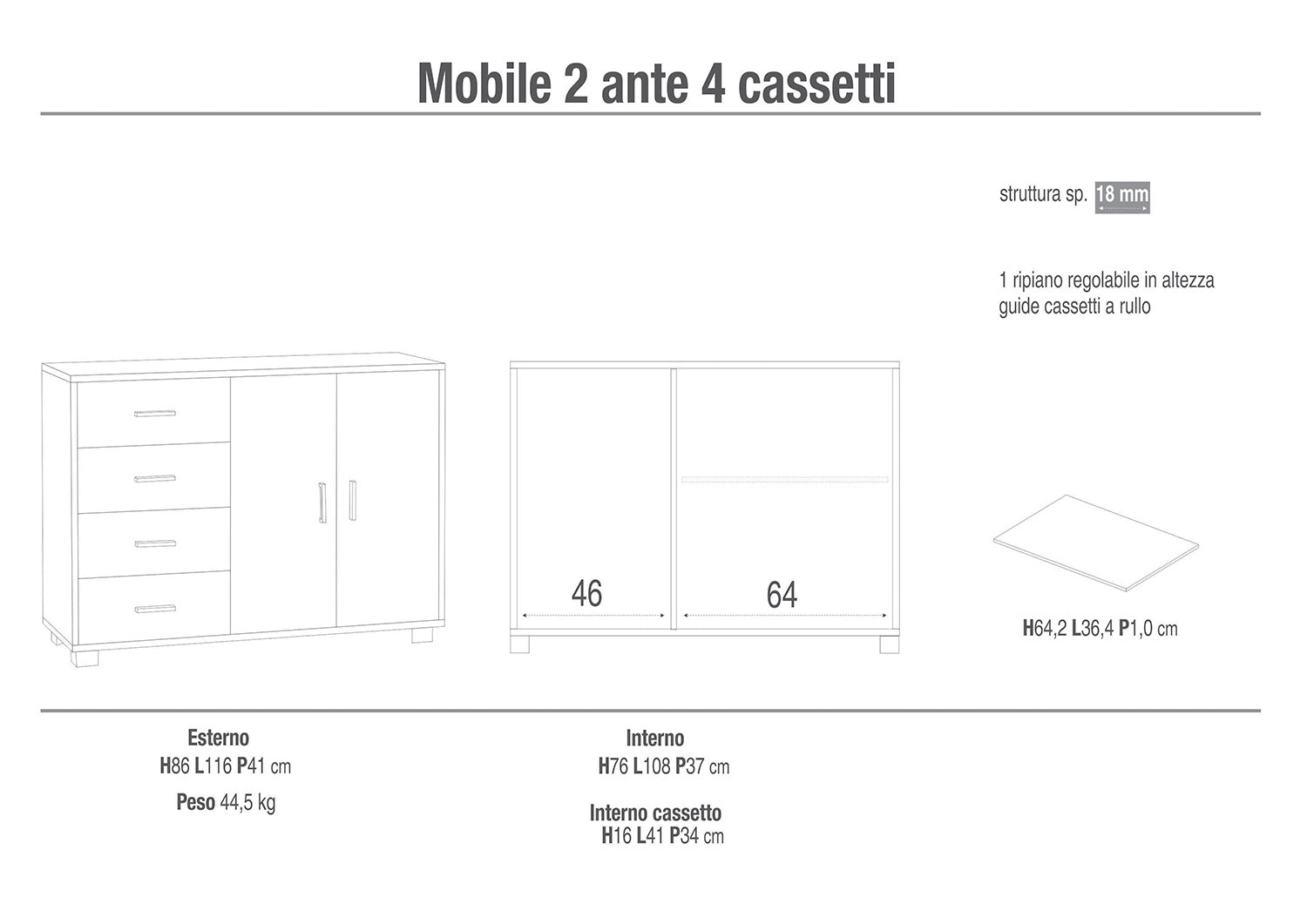 Madia 2 Ante 4 Cassetti 116x86x41 cm Ossido Nero/Noce Stelvio