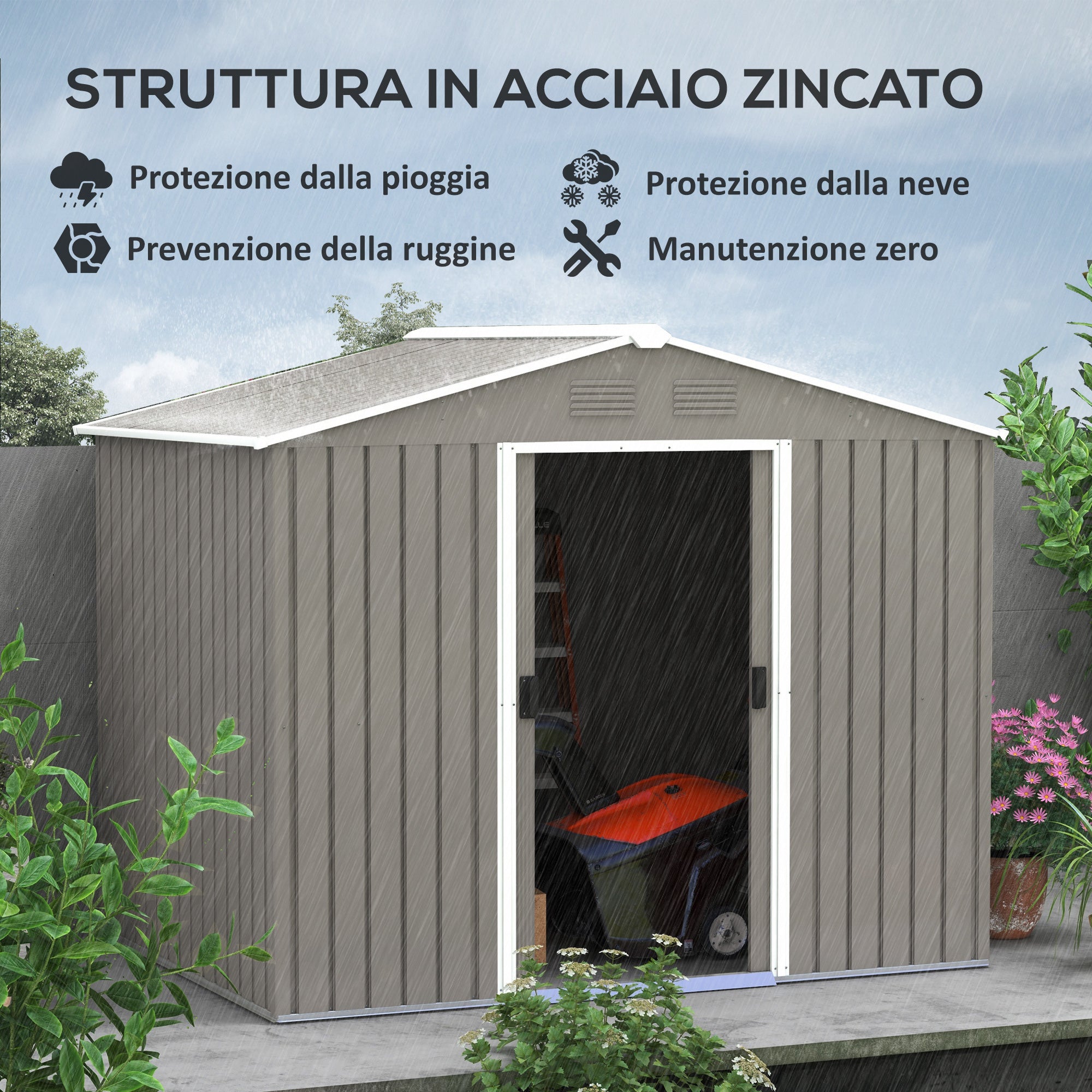 Casetta Box da Giardino con Doppia Porta Scorrevole 236x174x190 cm in Lamiera di Acciaio Grigio