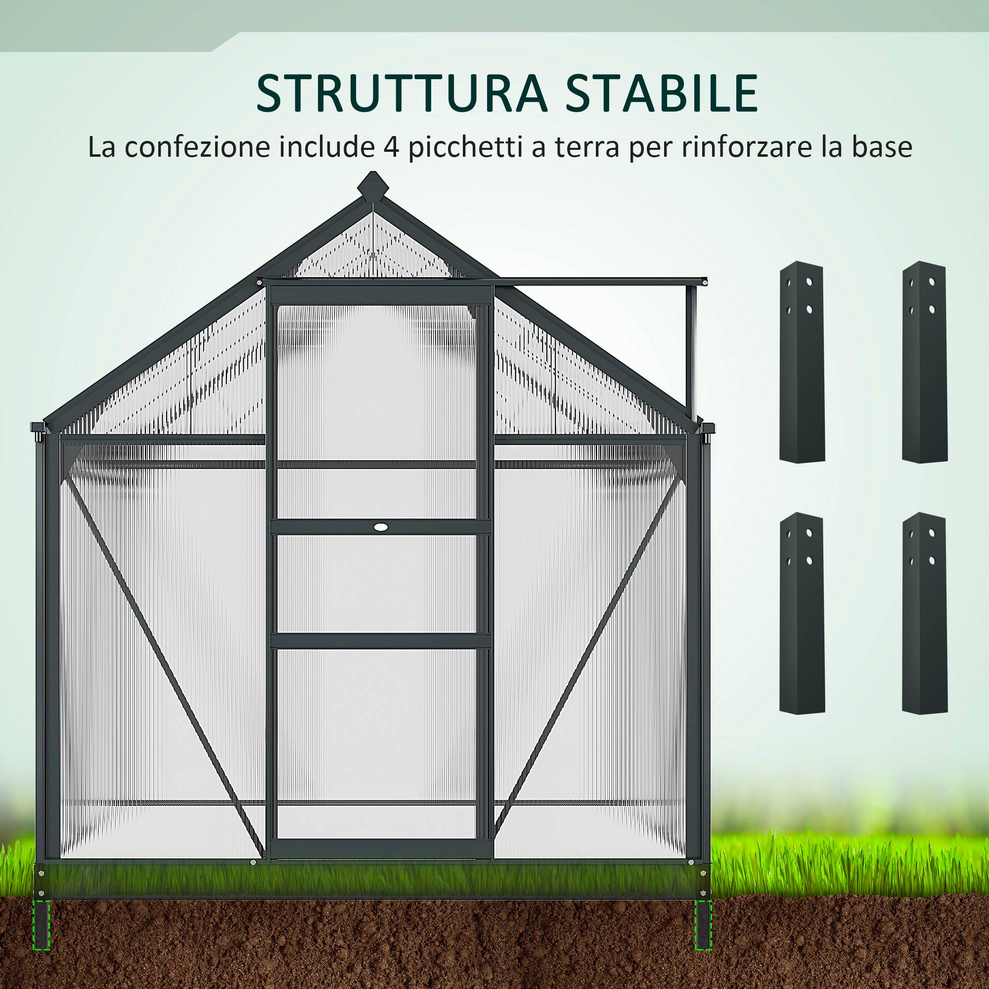 Serra in Policarbonato e Alluminio con Porta Scorrevole 1,9x1,9x2m Presa d'Aria e Grondaia Grigio