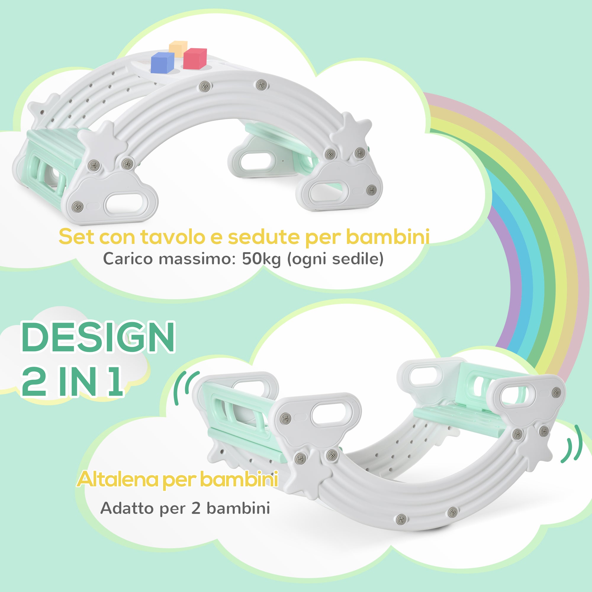 Set 2 in 1 Dondolo e Tavolo con Sedie per Bambini 100x54x42 cm in HDPE Grigio e Verde