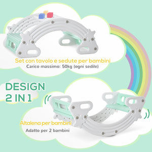 Set 2 in 1 Dondolo e Tavolo con Sedie per Bambini 100x54x42 cm in HDPE Grigio e Verde