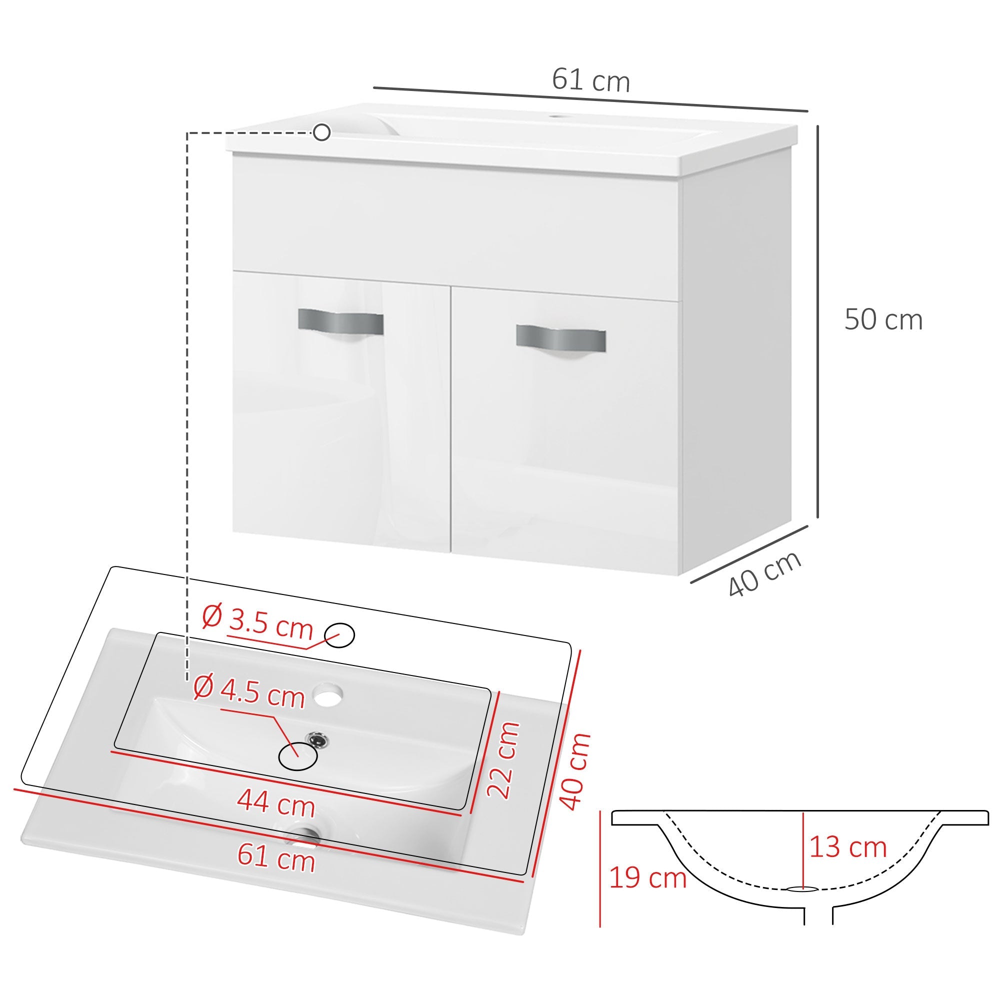 Mobile da Bagno Sospeso con Lavabo in Ceramica 61x40x50 cm Bianco Lucido