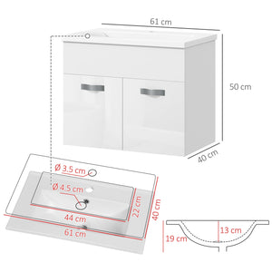 Mobile da Bagno Sospeso con Lavabo in Ceramica 61x40x50 cm Bianco Lucido