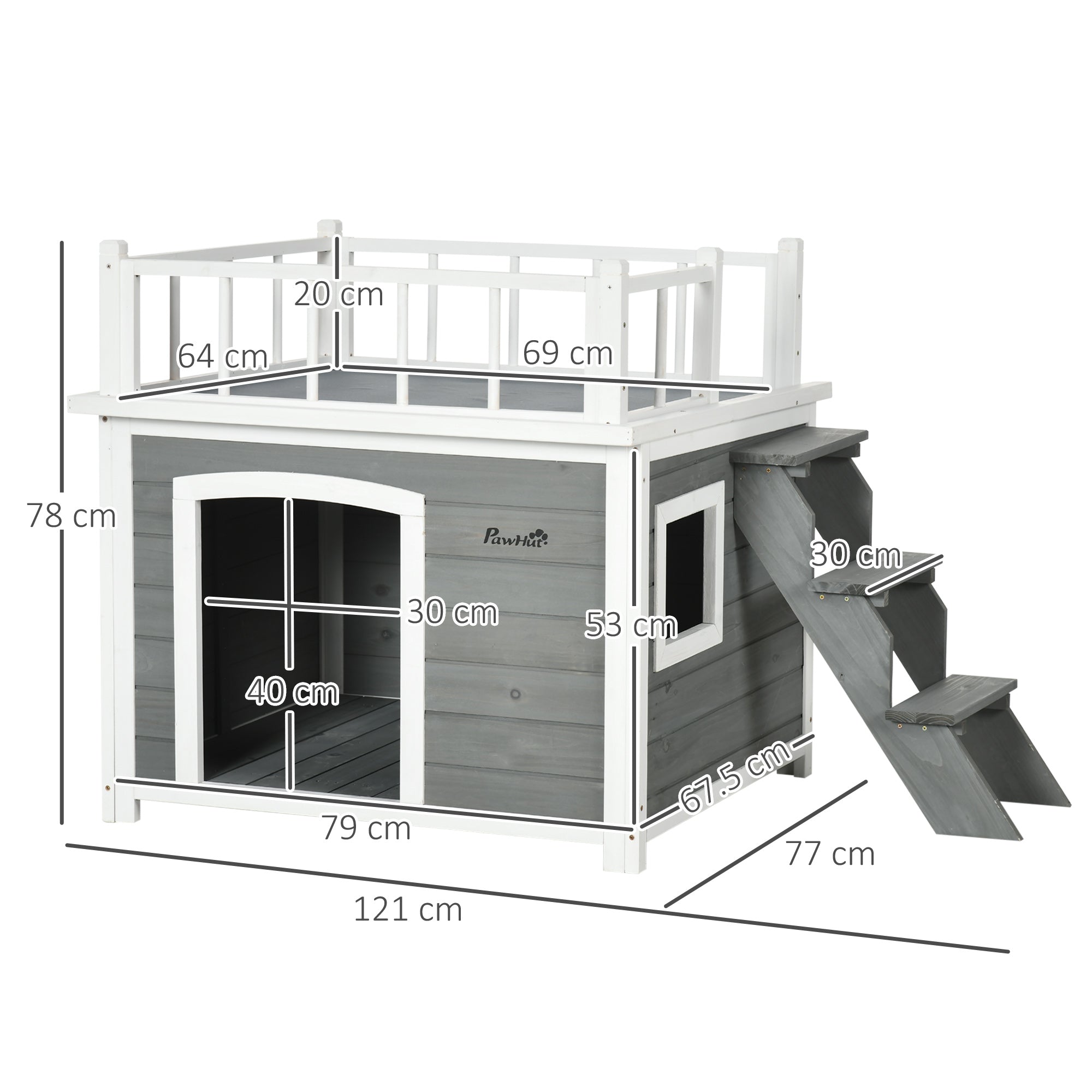 Cuccia da Eterno per Cani 121x77x78 cm con Terrazza Scaletta e Finestra Grigio chiaro