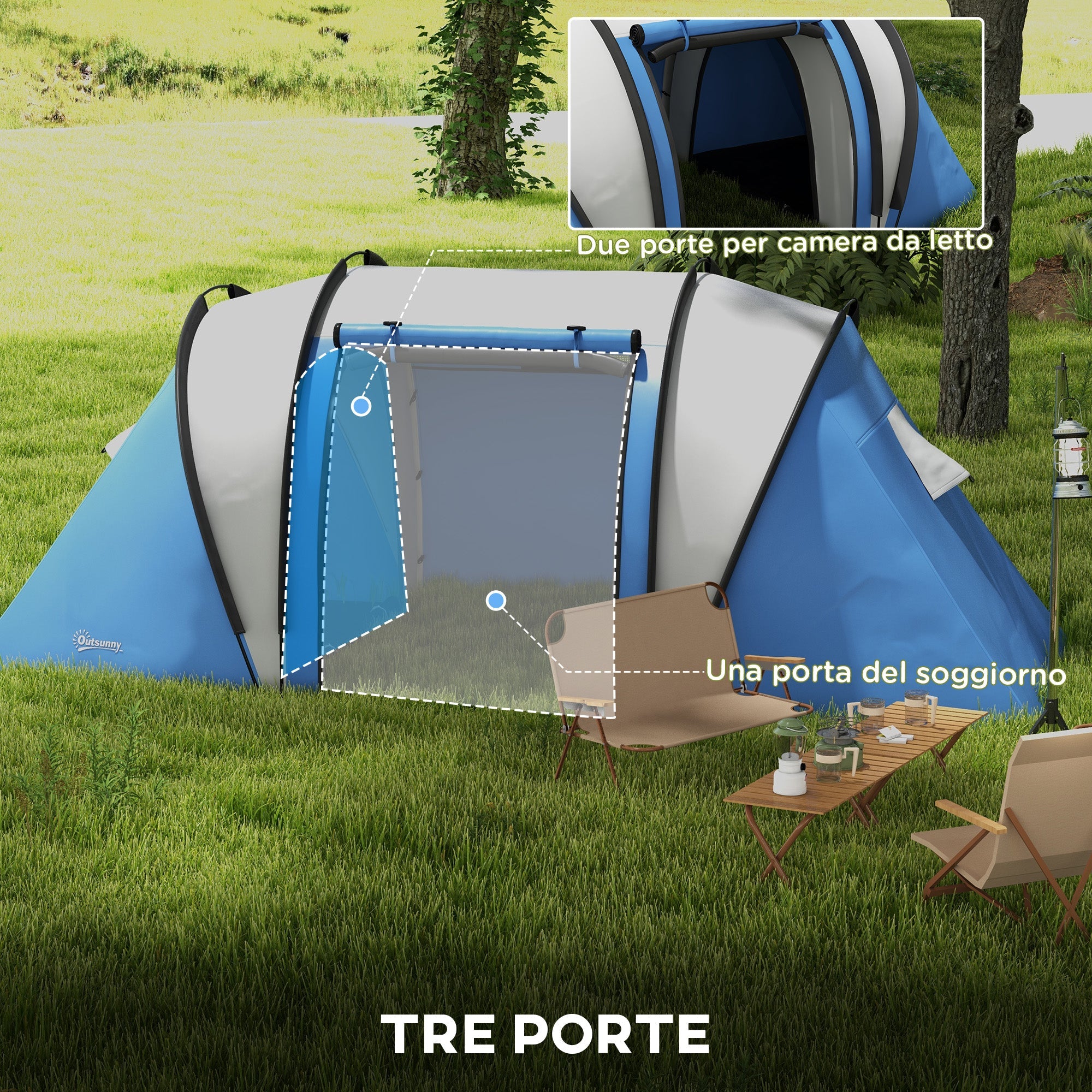 Tenda da Campeggio 2 Posti Impermeabile con 2 Stanze Borsa di Trasporto 220x450x180 cm in Poliestere Blu