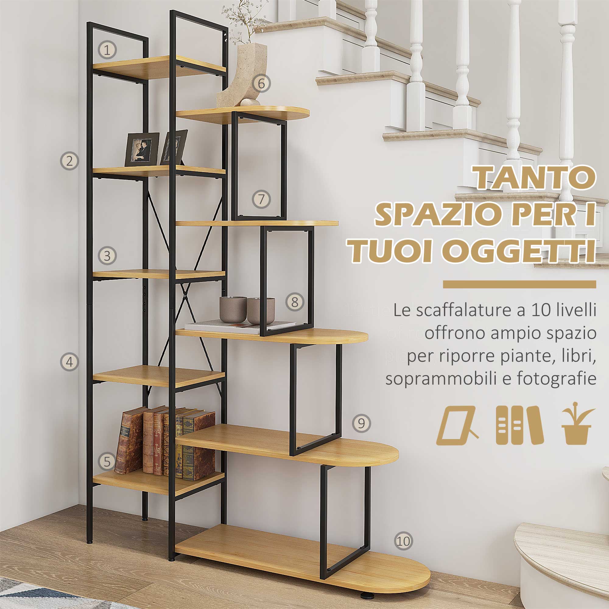 Libreria 10 Livelli 111,5x32x170 cm in Truciolato e Acciaio Naturale e Nero