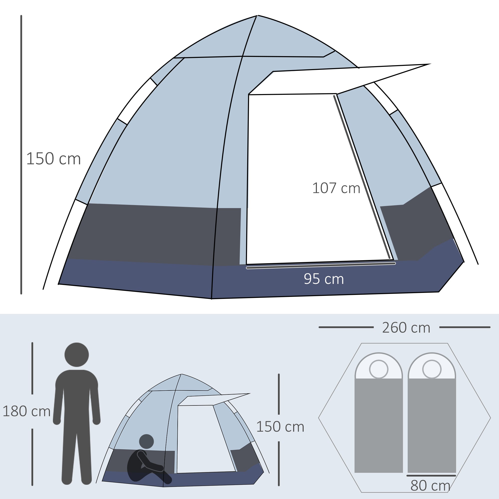 Tenda da Campeggio 4 Posti in Acciaio e Tessuto Oxford 2,6x2,6x1,5m con Apertura Automatica e Accessori Grigia e Nera