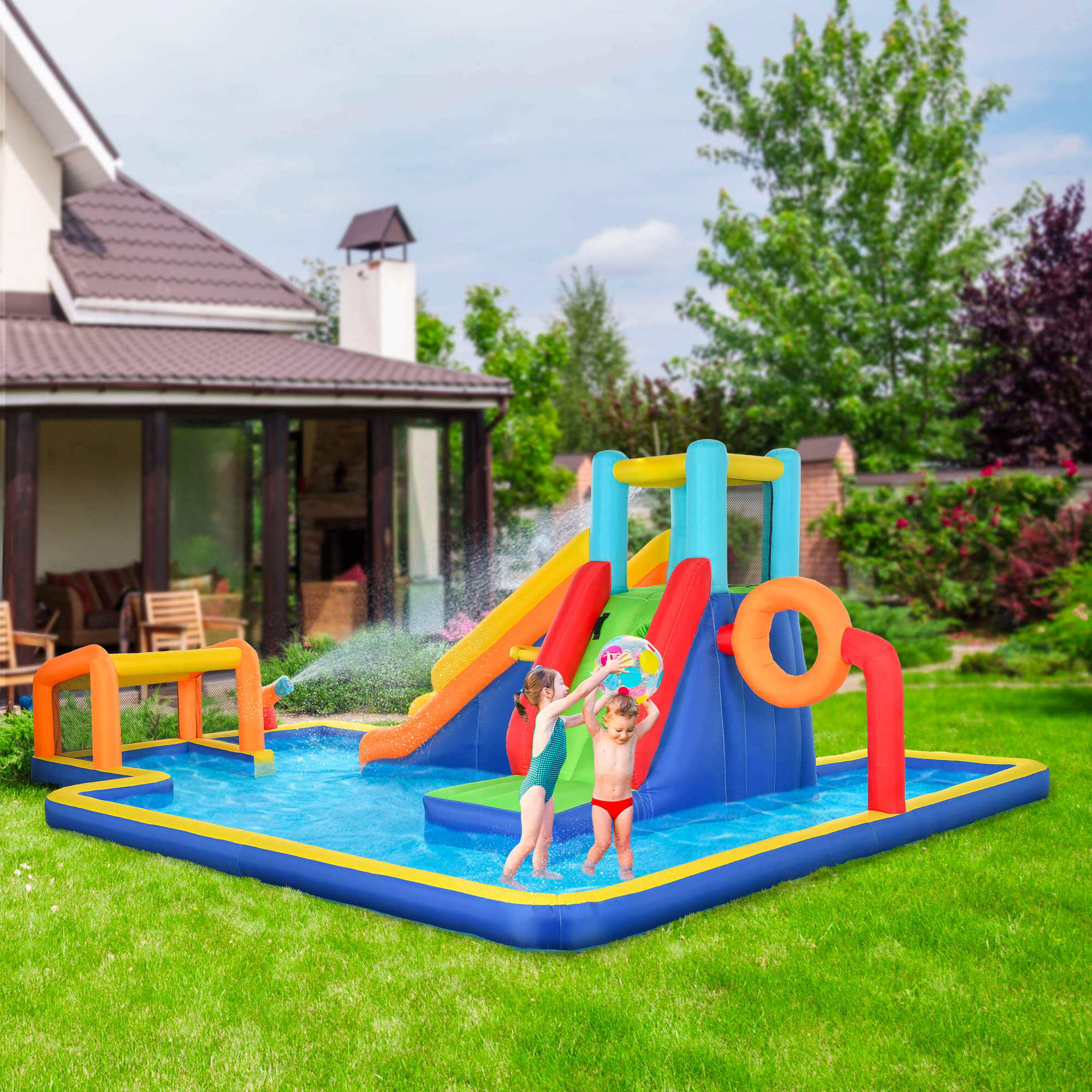 Castello Gonfiabile per Bambini 590x460x220 cm con Scivolo Porta e Canestro in Tessuto Oxford