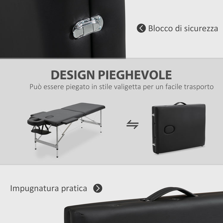 Lettino Massaggi Portatile 186x71x62-83 cm in Similpelle Nero