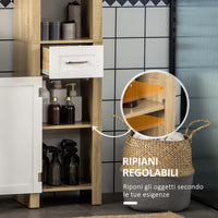 Mobile Bagno Alto 1 Cassetto 2 Armadietti 2 Ripiani 37x30x184 cm in Truciolato Bianco e Legno Naturale