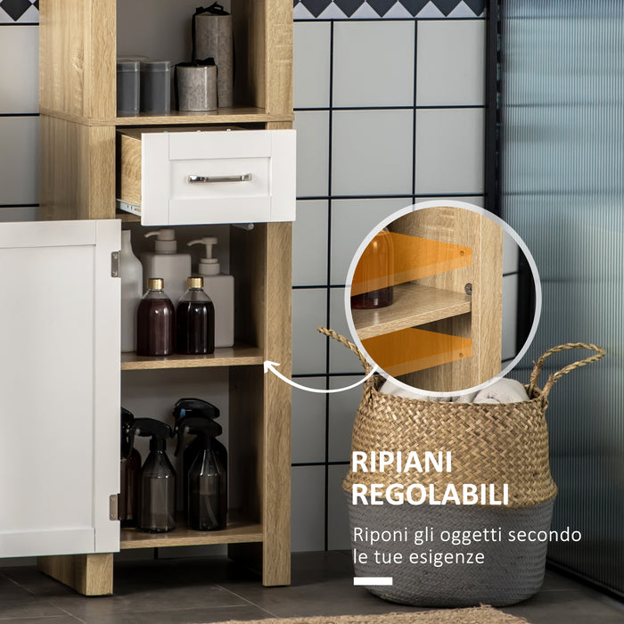 Mobile Bagno Alto 1 Cassetto 2 Armadietti 2 Ripiani 37x30x184 cm in Truciolato Bianco e Legno Naturale